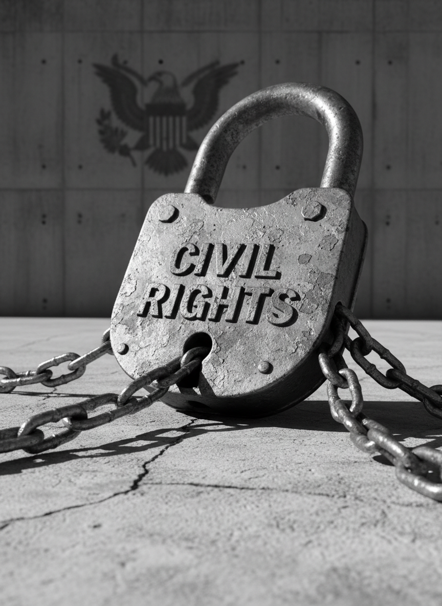 A massive, weathered steel padlock engraved with the words “CIVIL RIGHTS” in bold lettering, snapped open and lying on cracked concrete. Thick, broken steel chains spill outward, their jagged edges catching the light. In the background, a minimalist concrete wall bears a faint stenciled outline of an eagle emblem, partially obscured and out of focus. Harsh, directional light from the right cuts across the scene, casting razor-sharp shadows of the lock and chains, emphasizing strength and defiance. Photographic realism with a stark, high-contrast look, shot at a low angle with shallow depth of field to make the open lock feel monumental and triumphant, conveying bold resistance against overreach.