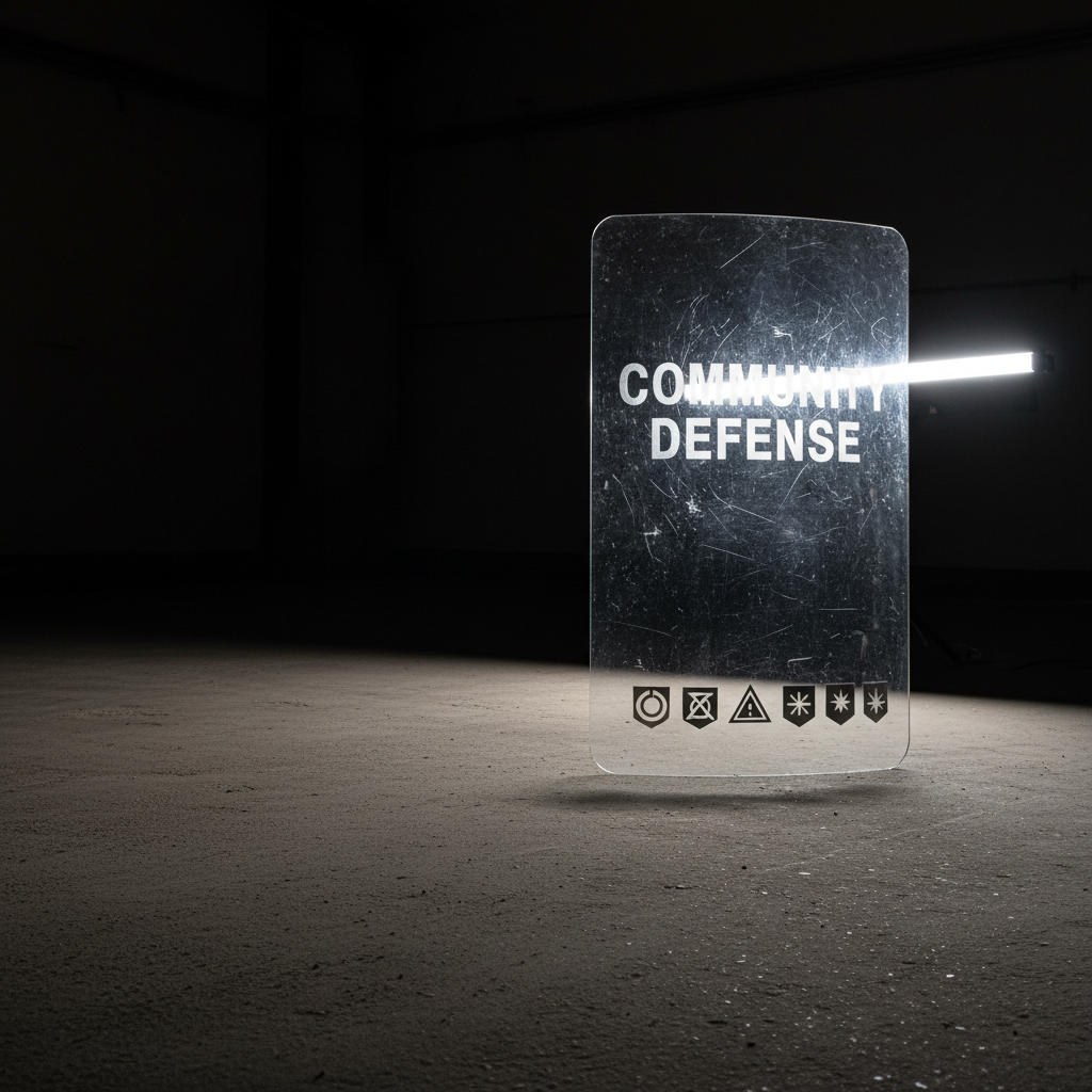 A bulletproof glass shield standing upright on a plain concrete floor, its transparent surface etched with the words “COMMUNITY DEFENSE” in bold, clean typography. Embedded along the bottom edge are small metal badges symbolizing local organizations—simple geometric icons rather than logos. A harsh beam of white light from the right slices across the shield, catching scratches and imperfections, and casting a crisp, towering shadow diagonally across an otherwise empty, dark background. Photographic realism with a gritty, urban studio feel, shot from a low angle to make the shield appear protective and unyielding. The composition is minimalist and asymmetrical, evoking organized, collective resistance to unconstitutional actions by security agencies.