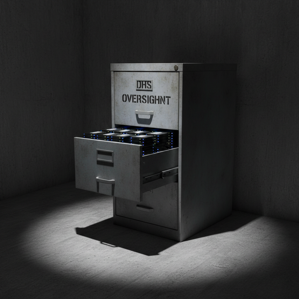 A stark metal filing cabinet labeled “DHS OVERSIGHT” in black stencil lettering stands alone in a minimalist concrete room. One heavy drawer is pulled open, overflowing not with paper but with neatly stacked, glowing USB drives and external hard drives, their indicator lights a cold electric blue. A single, intense spotlight from the upper left slams down on the open drawer, throwing long, blade-like shadows of the drives across the cabinet and floor. Photographic realism with sharp, clinical detail, shot at a three-quarter angle with deep contrast. The mood is bold and investigative, suggesting exposure of hidden data and accountability for unconstitutional surveillance practices.
